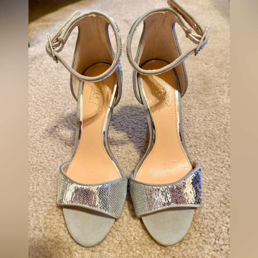 Jewel Badgley Mischka Silver Sequin Ankle-Strap Heels